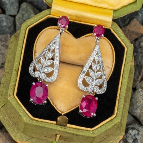 Gorgeous Ruby & Diamond Dangle Dinner Earrings Platinum