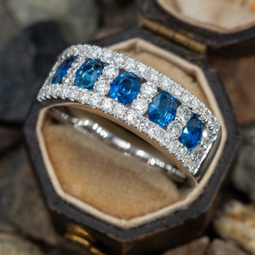 Oval Sapphire & Diamond Band Ring 14K White Gold