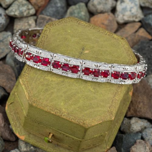 Engraved Red Sapphire Line Bracelet 14K White Gold