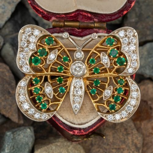 Emerald & Diamond Butterfly Brooch/ Pendant 18K Yellow & White Gold  