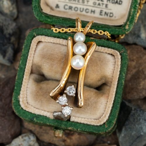 Custom Pearl & Diamond Pendant Necklace 14K Yellow Gold