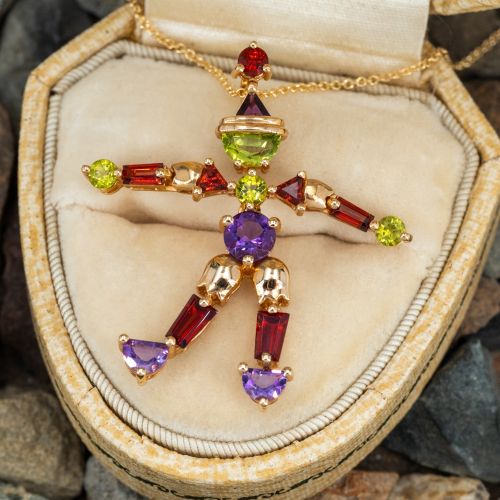 Colorful Gemstone Kinetic Clown Pendant Necklace 14K Yellow Gold