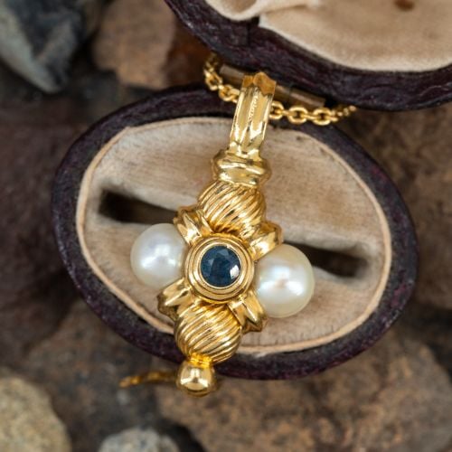 Sapphire & Pearl Pendant Necklace 18K/ 14K Yellow Gold