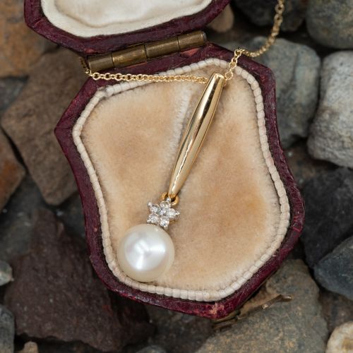 Saltwater Akoya Pearl Diamond Pendant Necklace 14K Yellow Gold