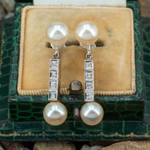 Pearl & Diamond Dangle Earrings 14K White Gold For Non-Pierced Ears