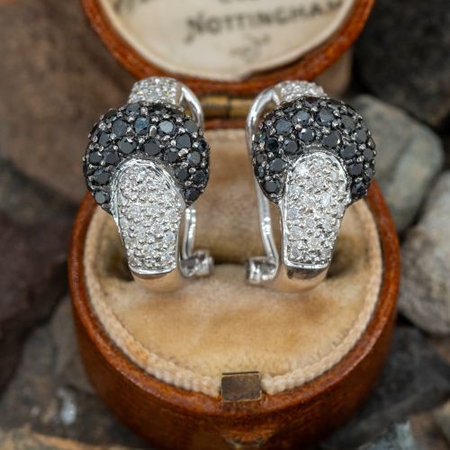 Black & White Diamond Buckle Hoop Earrings 14K White Gold