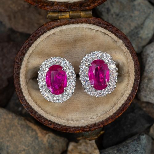 Stunning Ruby & Diamond Halo Stud Earrings 14K White Gold