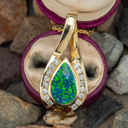 Lab Created Opal Inlay Diamond Pendant Necklace 14K Yellow Gold