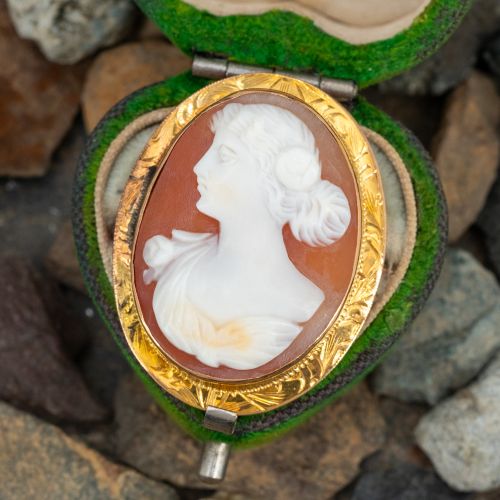 Carved Shell Cameo w/ Hand Engraved Frame Yellow Gold 