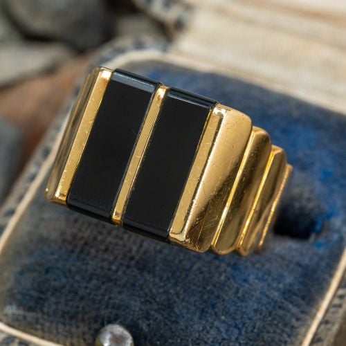Mens Onyx Ring w/ Stepped Shoulders 18K Yellow Gold