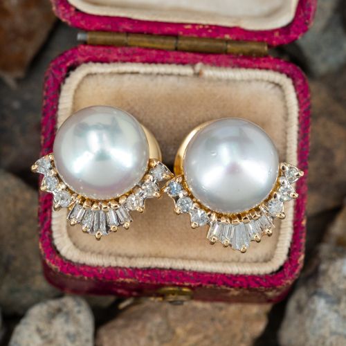 10MM South Sea Pearl & Diamond Earrings 14K Yellow Gold