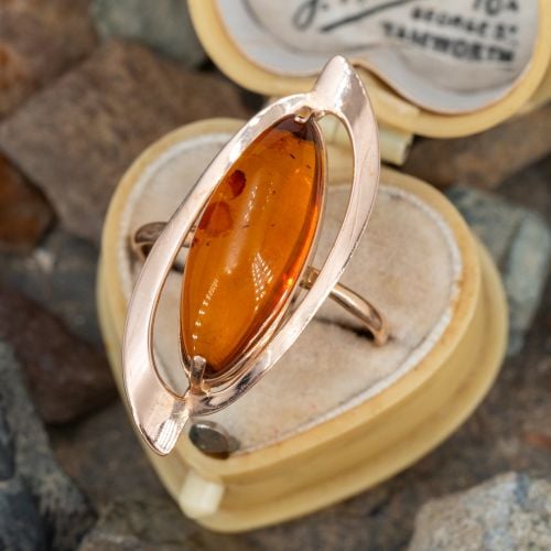 Russian Marquise Cabochon Amber Ring 14K Rose Gold