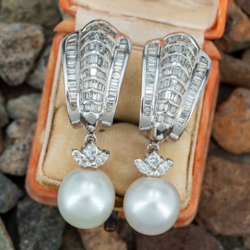 Fabulous South Sea Pearl & Diamond Drop Earrings Platinum