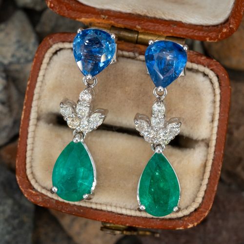 Fantastic Sapphire & Emerald Dangle Earrings 18K White Gold