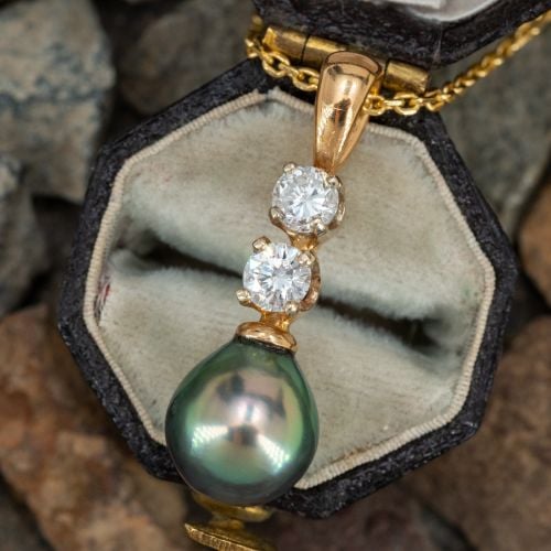 Tahitian Pearl & Diamond Pendant Necklace 14K Yellow/ White Gold