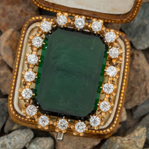 Tourmaline Cameo w/ Old Euro Diamond Accents Brooch Pin 14K Yellow Gold