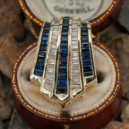 Channel Set Sapphire Diamond Pendant Necklace 14K Yellow Gold
