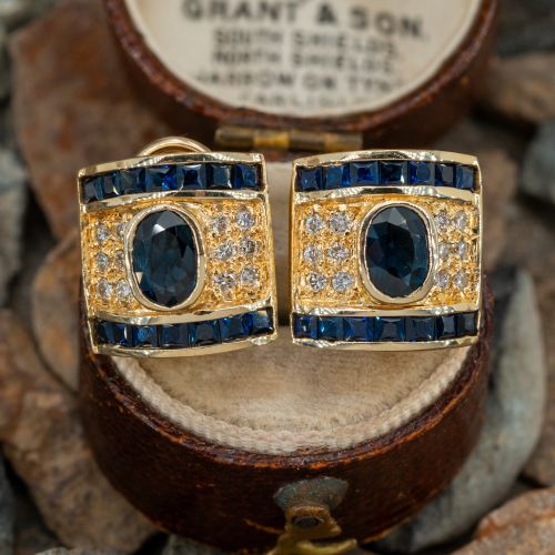 Oval Cut Sapphire & Diamond Earrings 14K Yellow Gold