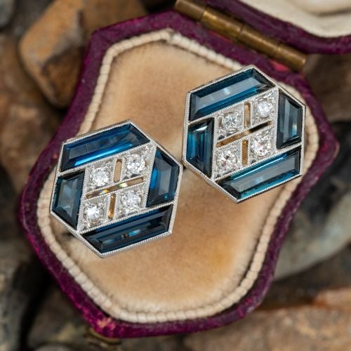 Hexagonal Motif Sapphire Diamond Earrings 14K Yellow & White Gold
