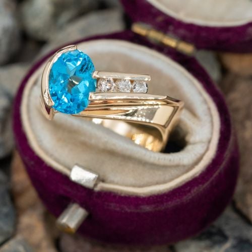 Blue Topaz Diamond Ring 14K Yellow Gold