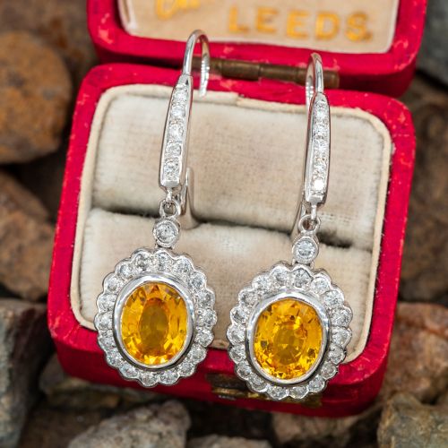 Yellow Sapphire & Diamond Dangle Earrings 18K White Gold