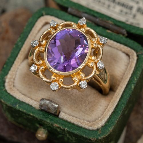 Open Lace Checkerboard Cut Amethyst Ring 14K Yellow Gold