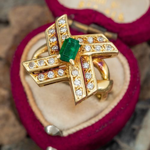 Pinwheel Motif Emerald & Diamond Ring 18K Yellow Gold