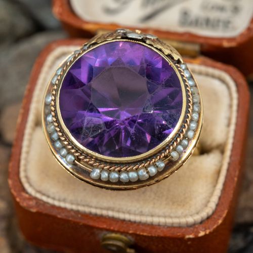 Round Cut Amethyst & Seed Pearl Cocktail Ring 14K Yellow Gold