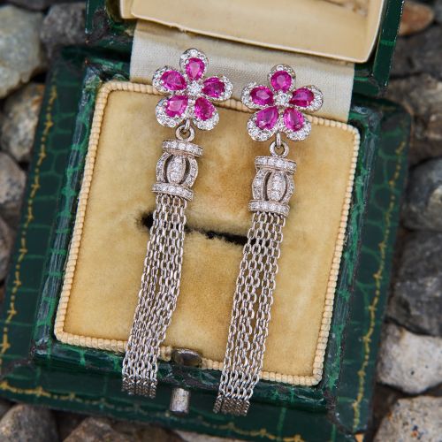 Beautiful Ruby & Diamond Tassel Earrings 18K White Gold