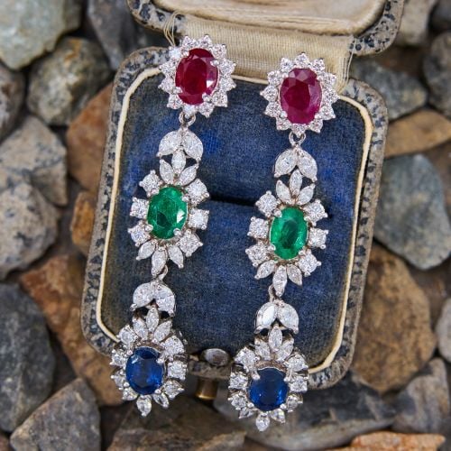 Ruby Emerald Sapphire Earrings w/ Diamonds 18K White Gold