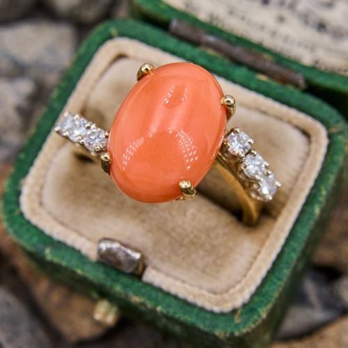 Oval Coral & Diamond Ring 14K Yellow Gold