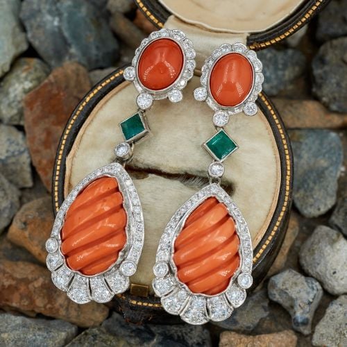 Vintage Carved Coral & Diamond Dangle Earrings Platinum