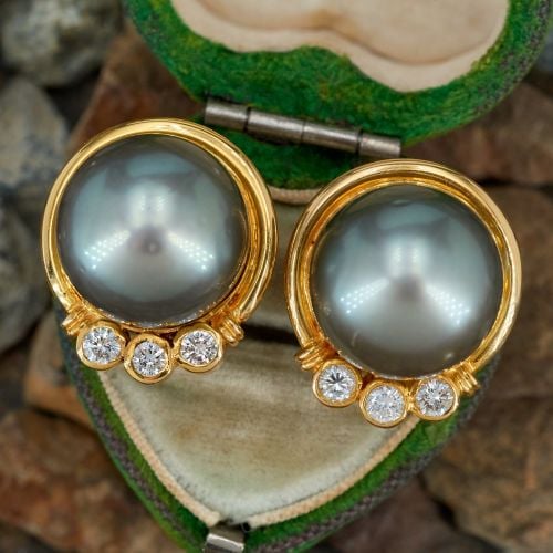 Tahitian Pearl & Diamond Omega Earrings 18K Yellow Gold