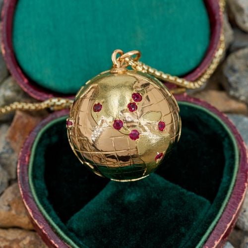 Travel Globe Necklace w/ Ruby Accents 18K/ 14K Yellow Gold