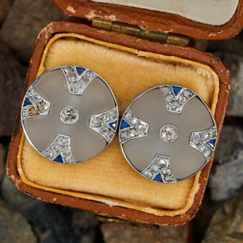 Antique Earrings Art Deco Frosted Quartz, Sapphires & Diamonds Platinum
