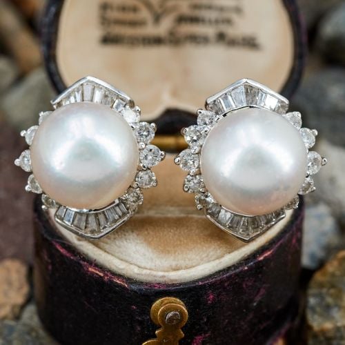 South Sea Pearl Diamond Earrings 14K White Gold