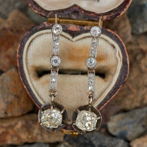 Victorian Old Mine Diamond Dangle Earrings Silver/Platinum/18K Yellow Gold 
