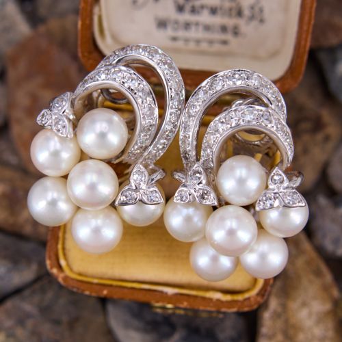 Circa 1950s Akoya Pearl Diamond Earrings 14K White Gold