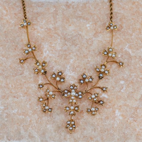 Birks Floral Seed Pearl Necklace 14K Yellow Gold
