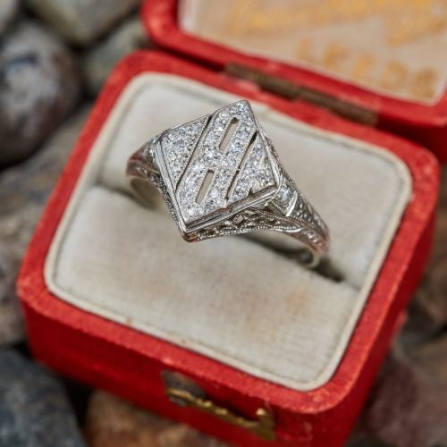 Vintage Filigree Pavé Diamond B Ring Platinum