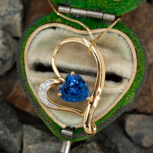 Heart Motif Lab Sapphire & Diamond Pendant Necklace 14K Yellow Gold 