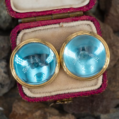 Reflective Sky Blue Topaz Cabochon Stud Earrings 18K Yellow Gold