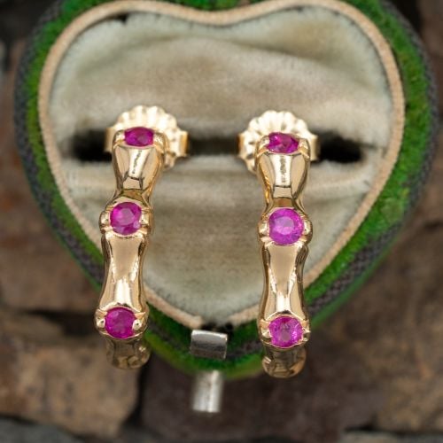 Bamboo Motif  Pink Sapphire Earrings 14K Yellow Gold