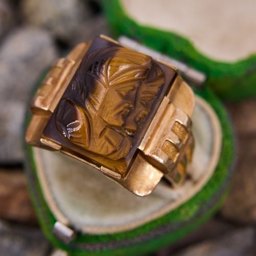Mens Double Cameo Tigers Eye Ring Yellow Gold 