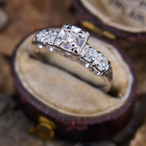 Vintage Diamond Ring 14K White Gold