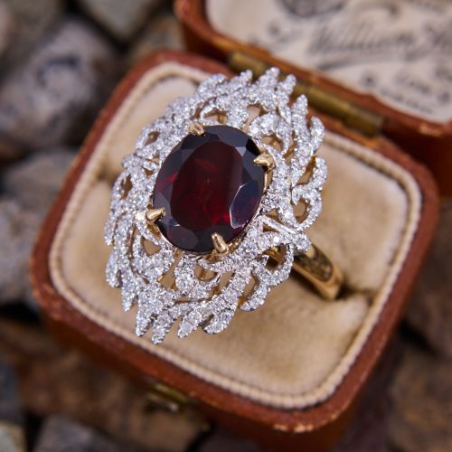 Red Zircon Lace Diamond Accented Ring 14K Yellow Gold