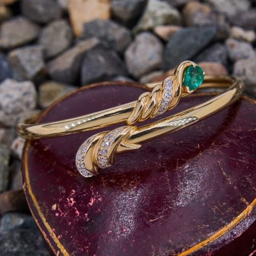 Emerald & Diamond Flexible By-Pass Bangle Bracelet 14K Yellow Gold  