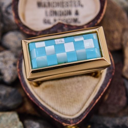 Italian Mother of Pearl & Turquoise Checkerboard Ring 18K Yellow Gold