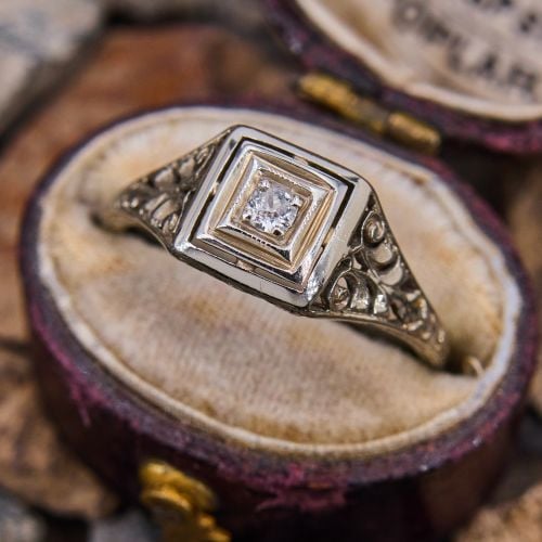 Timeless Old Mine Cut Diamond Filigree Ring 18K White Gold 