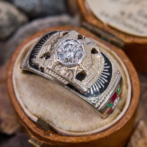 Mens Enameled 1920s Masonic Diamond Ring 14K White Gold